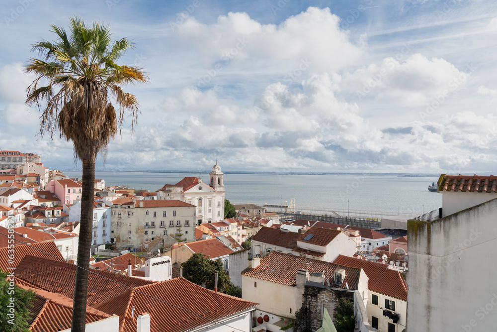 Cityscape of Lisbon skyline, Portugal, in summer with sea in view.