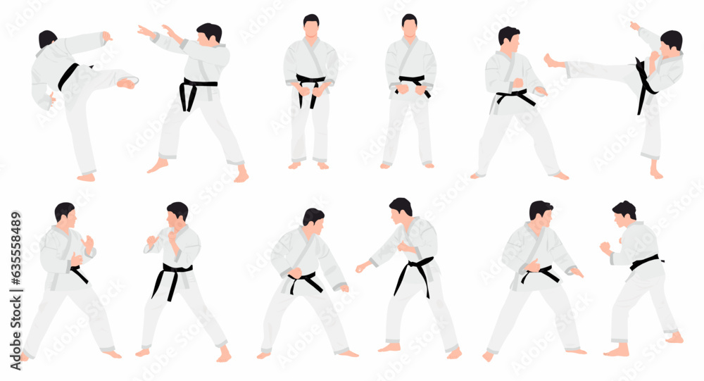 set of Karate people vector illustration. Karate player in different