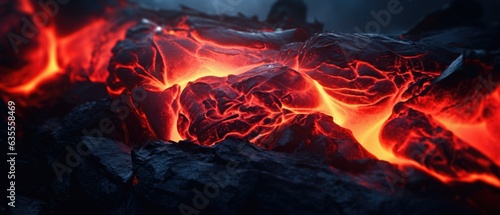 Molten lava flow over solidified black magma rocks, searing red hot, extreme heat, burning flames and dangerous conditions to avoid - generative AI