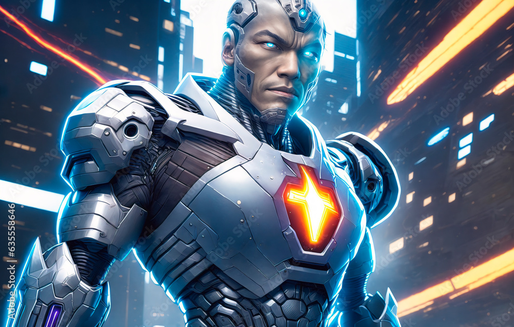 Portrait of a cyborg man in a fantastic cybernetic suit. Generative AI.