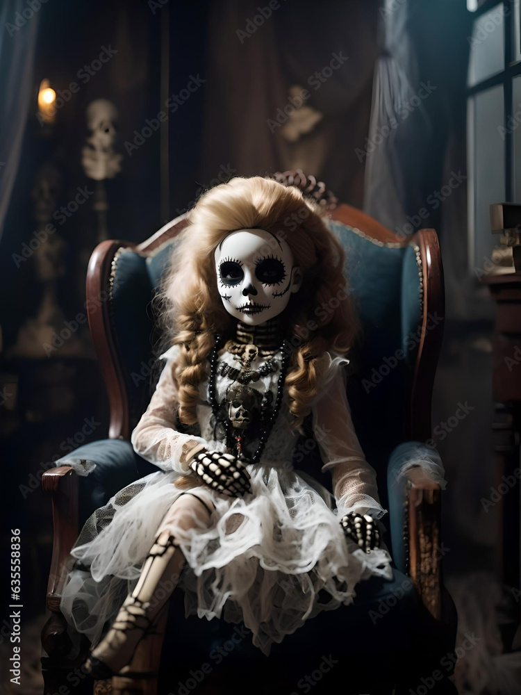 A portrait of a mysterious and frightening girl dressed as a voodoo doll, who sits in a vintage armchair with a skeleton. Gloomy old house covered in cobwebs. Halloween. Voodoo magic, Generative AI