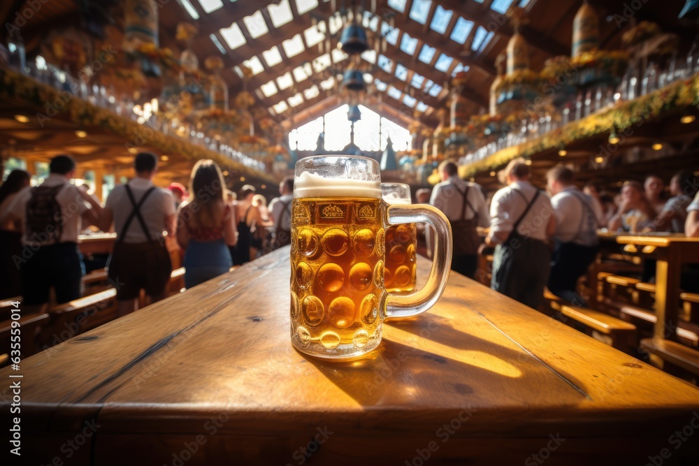 Oktoberfest, munich. Beer mugs on table, People drinking beer and having fun, tent interior.
