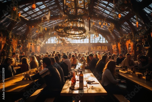 Oktoberfest, munich. People in traditional costumes drinking beer and having fun, tent interior photo