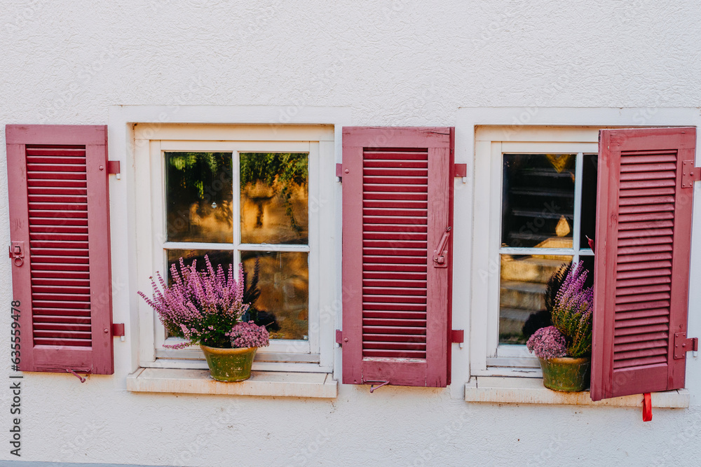 Fototapeta premium Typical facade of the old Provencal retro house with windows and wooden shutters decorated with colorful fresh flowers. Purple blooming bouganville near a traditional window. Flowers under shuttered