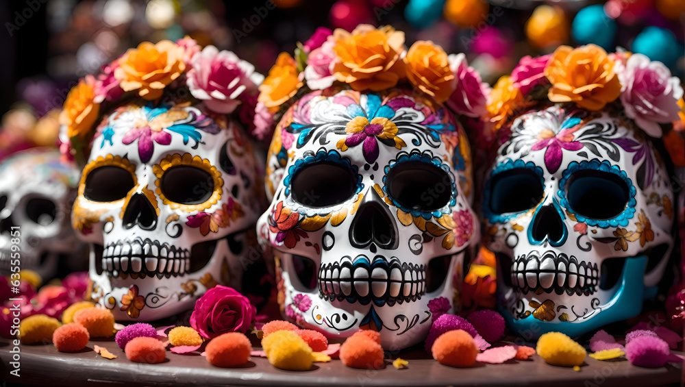 Colorful candy sugar skulls with flowers on Day of the Dead festival in Mexico, A Colorful Generative AI Illustration, Generative AI