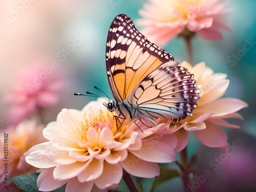 Butterfly on Dahlia Flower beautiful Blurred natural pastel background, Double exposure style. concept of love and care for the environment, Generative AI
