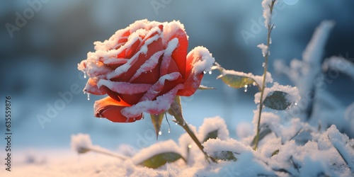 Frozen Rose Against Blurred Snowy Background