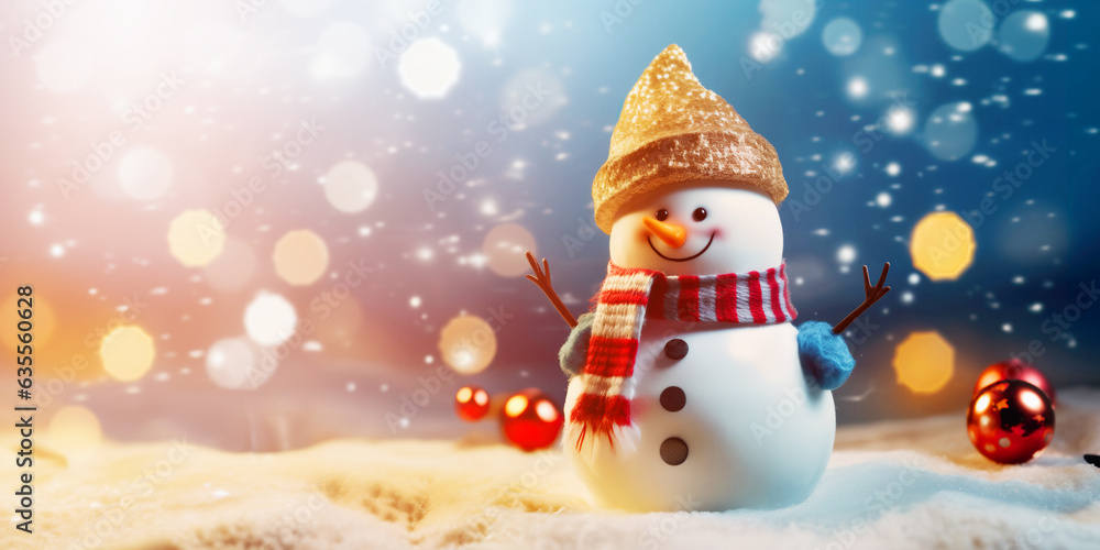 Funny snowman in santa red hat and scarf on snow christmas Background