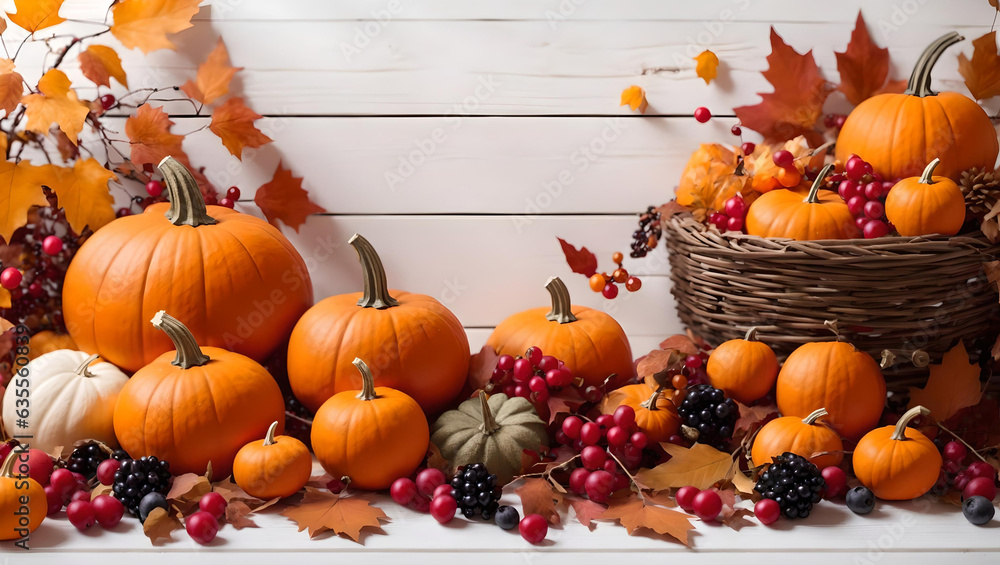 Festive autumn decor from pumpkins, berries and leaves on a white wooden background. Concept of Thanksgiving day or Halloween. Generative AI