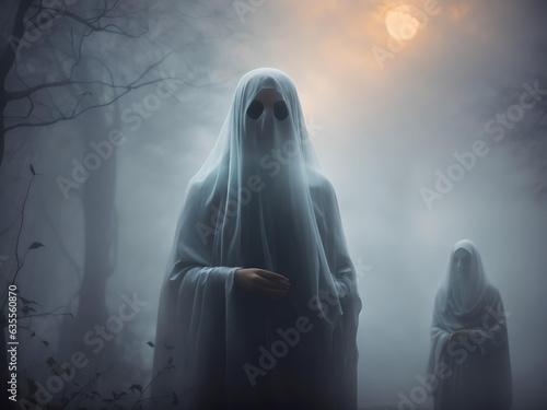 ghost women in fog Halloween background digital art, digital art Illustration wallpaper painting, Abstract luxury, generative AI