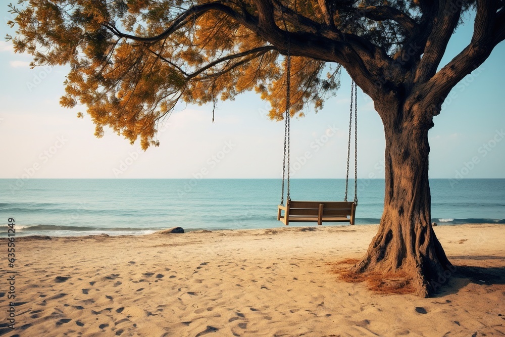 A swing with a tree on a beach.