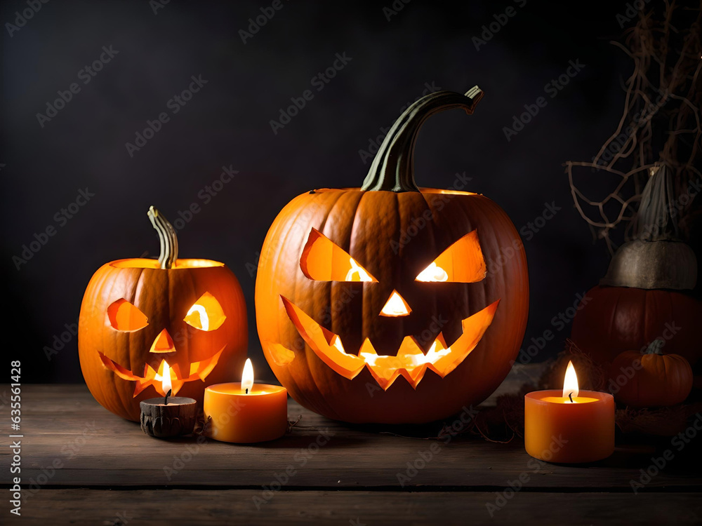 Halloween pumpkin head jack lantern with burning candles, Empty copy space, Generative AI Halloween pumpkin head jack lantern with burning candles, Empty copy space, Generative AI