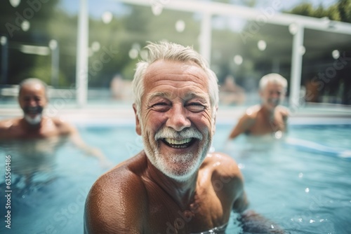 Active senior men enjoying aquafit class in a pool. © Bargais