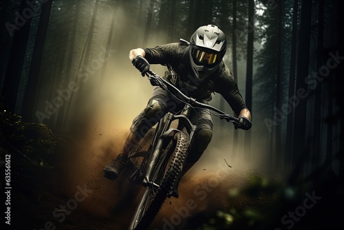 Mountain bike rider racing through the forest.