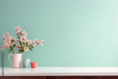 Minimal kitchen interior with pastel colored wall, floral accents, copy space on graphic background image.