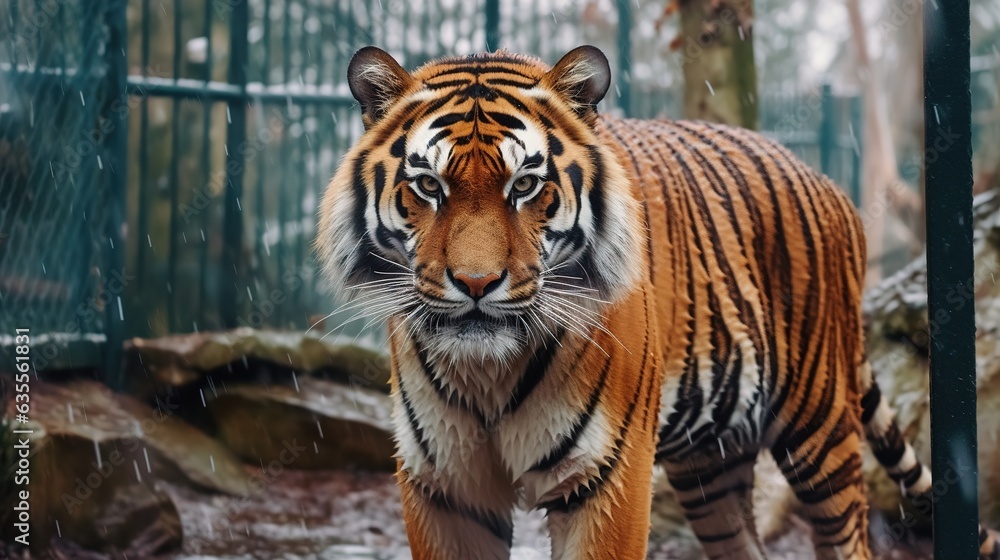 Obraz premium The Amur tiger walks through the forest. Dangerous animal, taiga, Russia. A wild cat in its natural habitat. Generative AI