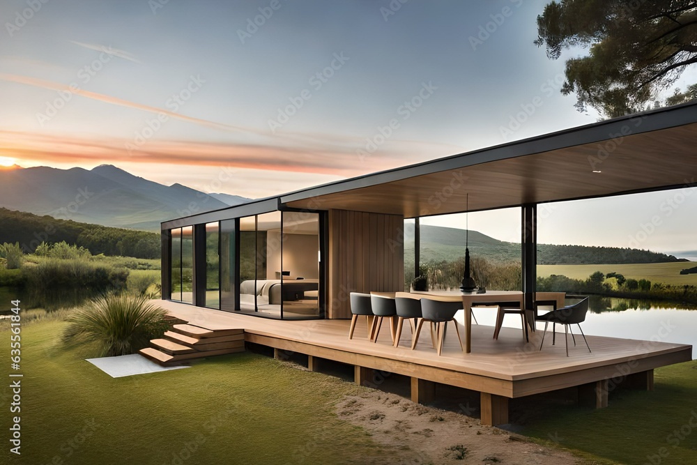 A modern and elegant modular wooden house on wheels, featuring a sleek flat roof and expansive windows that encircle the structure, providing panoramic views of the surroundings, the design seamlessly