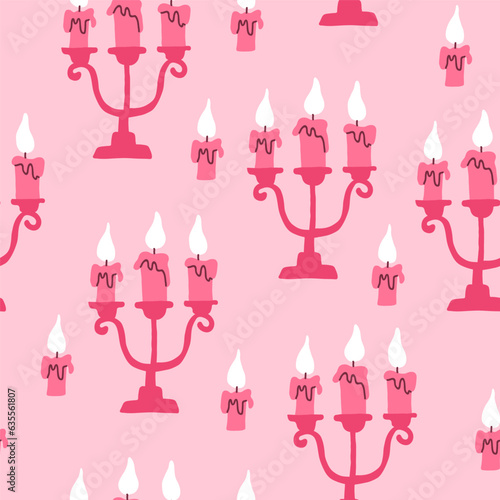 Chandelier with candles pink pattern. Romantic valentines day pattern on pink background. Vector illustration