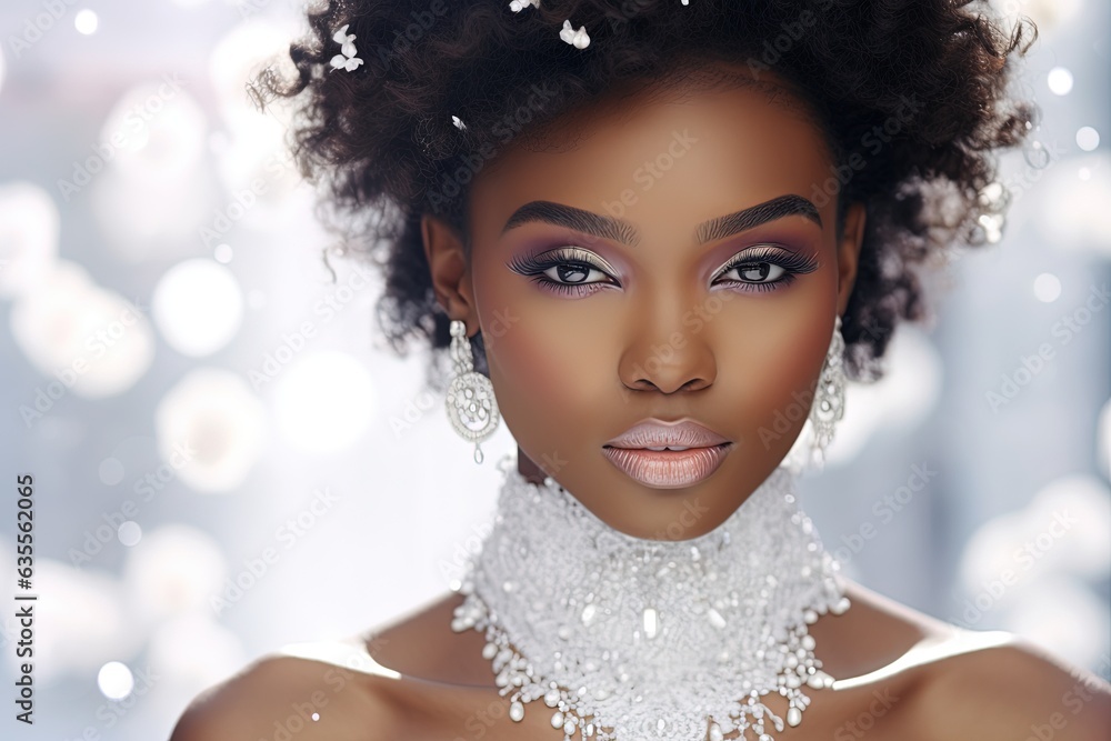 African American woman in white dress on white sparkling background.