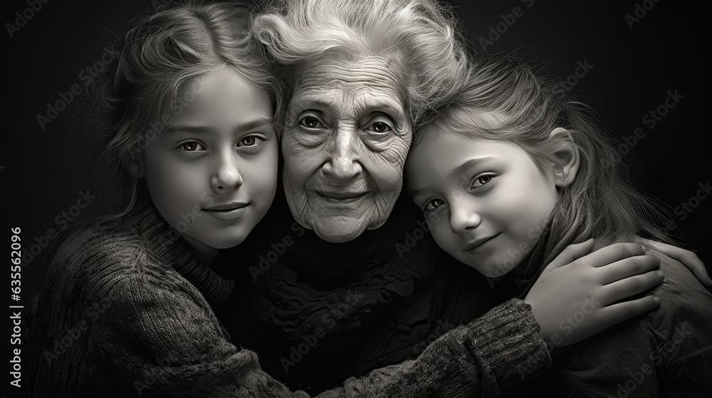 Cute photo Grandmother and granddaughter hugging created with Generative AI technology