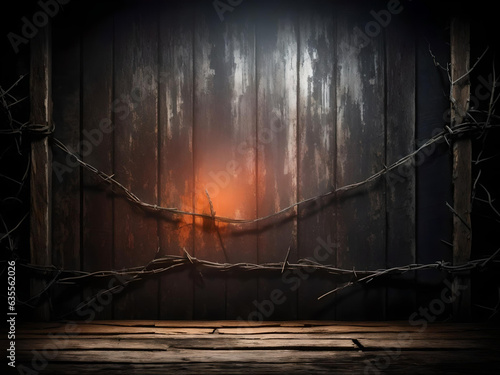 Horror background with grunge texture with black shadows and glow, strange scary dark wooden mystical mysterious old destroyed wall surface with barbed wire, Generative AI