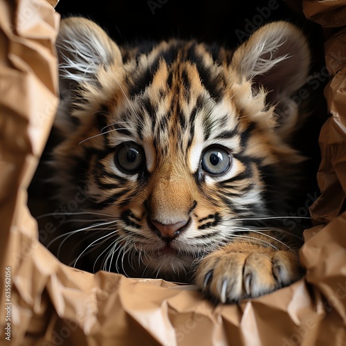 A tiger cub looks out of a cardboard box. a little predator. Generative AI