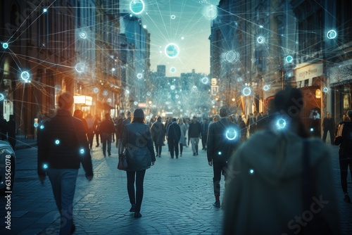 Crowd of people walking on busy urban city streets, with system of AI Facial Recognition scanning each person.