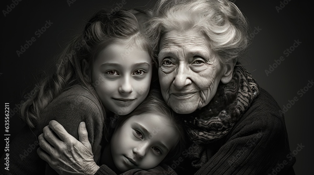 Cute photo Grandmother and granddaughter hugging created with Generative AI technology