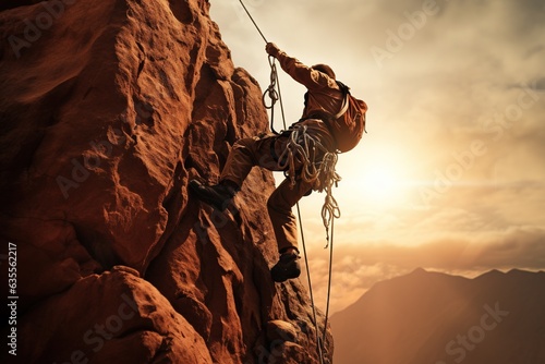 Rock climber securing harness.