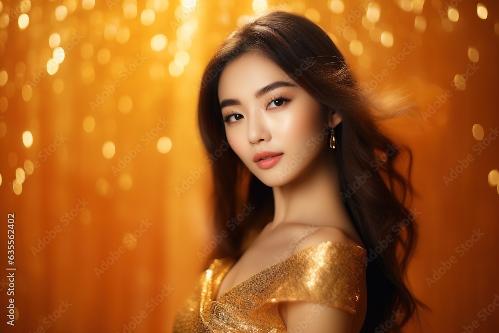 Asian woman in gold dress on golden sparkling background. Asian woman in gold dress on golden sparkling background.