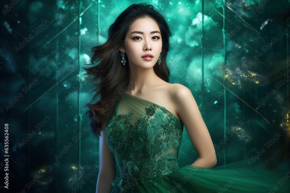 Asian woman in green dress on green sparkling background. Asian woman in green dress on green sparkling background.