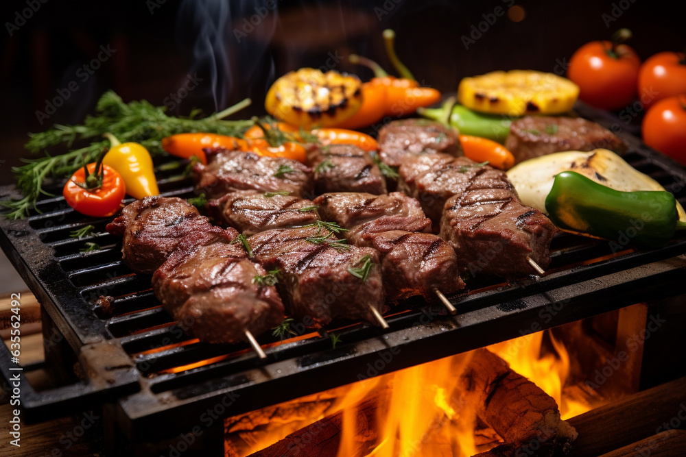 barbecue. Cooking juicy meat and fresh vegetables on the grill for an enticing meal. Enjoying outdoor leisure with family and friends during holidays.