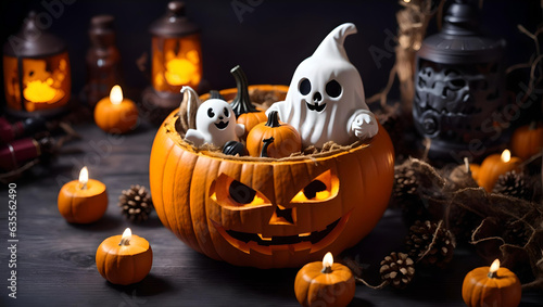 Horror spooky funny ghost in halloween pumpkin holiday season greeting night celebration party with toy prop decoration in top view flatlay and trick of treat festival concept, Generative AI