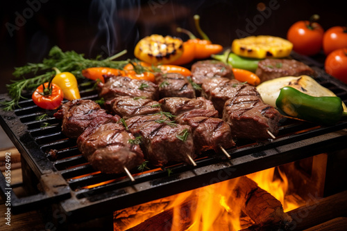 barbecue. Cooking juicy meat and fresh vegetables on the grill for an enticing meal. Enjoying outdoor leisure with family and friends during holidays.
