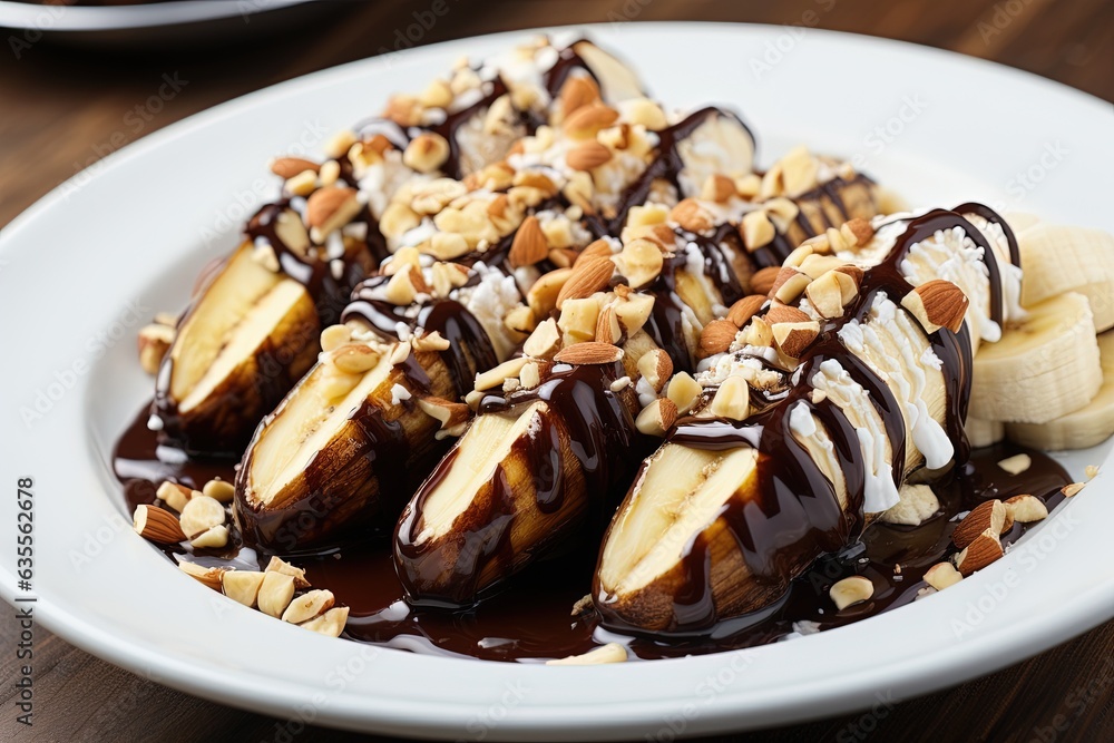 Bananas covered in chocolate sauce, cream sauce and chopped almond nuts. Bananas covered in chocolate sauce, cream sauce and chopped almond nuts.