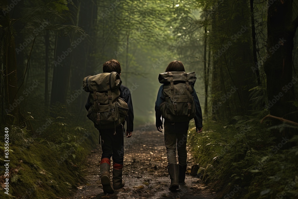 Boys on a forest road with backpacks.