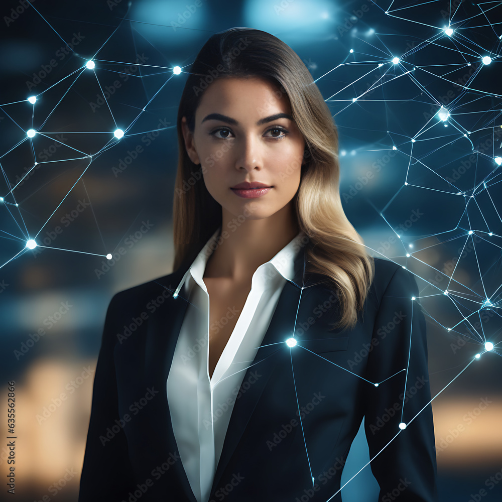 Portrait Of Young Business Woman On Digital Abstract Background Portrait Of Young Business Woman On Digital Abstract Background