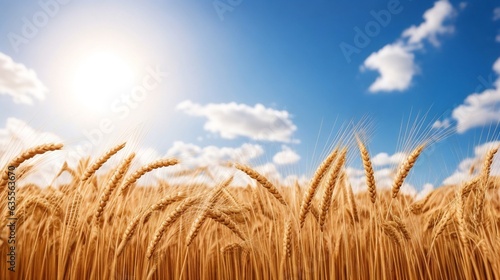 Ears of wheat on the background of the blue sky and sun