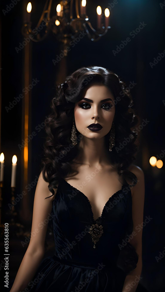 Portrait of a dramatic brunette girl in an elegant black velvet dress, who stands in the night on a dark vintage background. Gothic novel, mysticism. Makeup and hairstyle, Generative AI Portrait of a dramatic brunette girl in an elegant black velvet dress, who stands in the night on a dark vintage background. Gothic novel, mysticism. Makeup and hairstyle, Generative AI