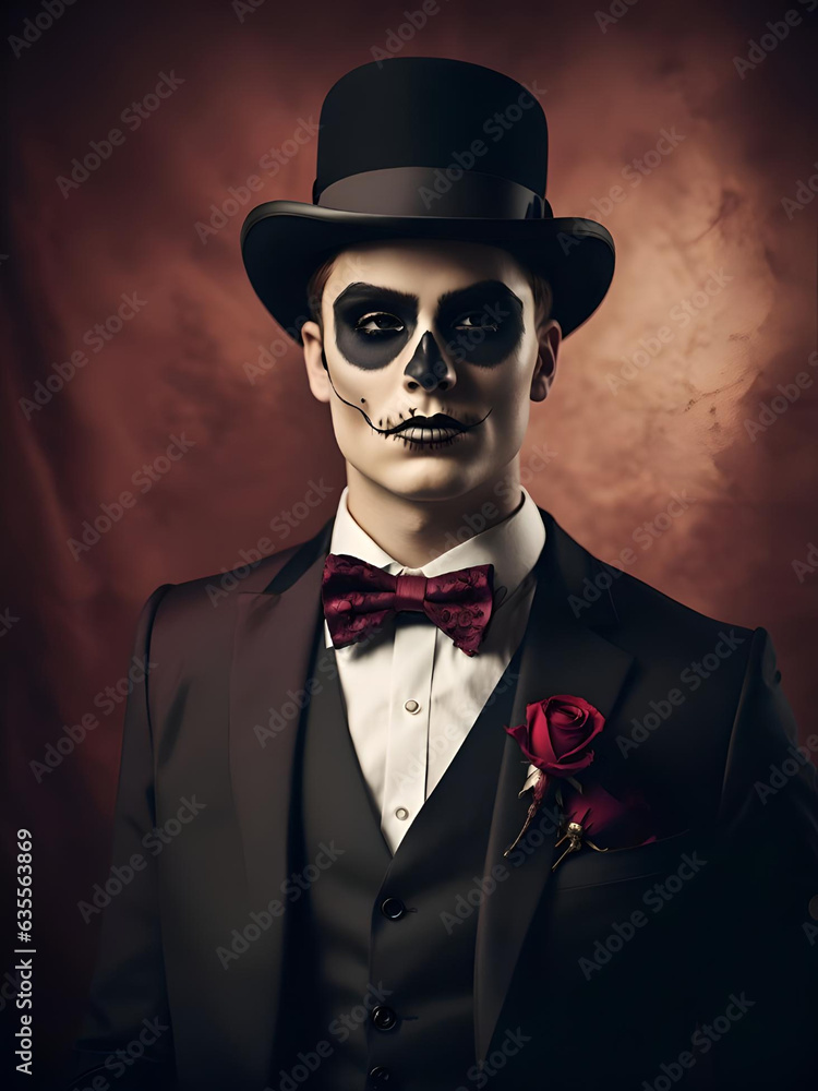 portrait of a young man with calaveras makeup, wearing bow tie and top ...