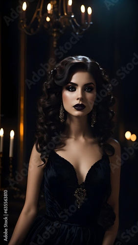 Portrait of a dramatic brunette girl in an elegant black velvet dress, who stands in the night on a dark vintage background. Gothic novel, mysticism. Makeup and hairstyle, Generative AI