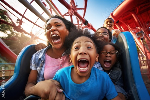 Photo Family riding a rollercoaster at an amusement park and screaming.