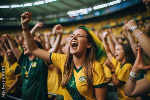 Fans screaming supporting Australian team at football.
