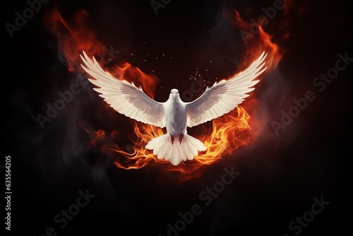 Pentecost background with flying dove and fire.