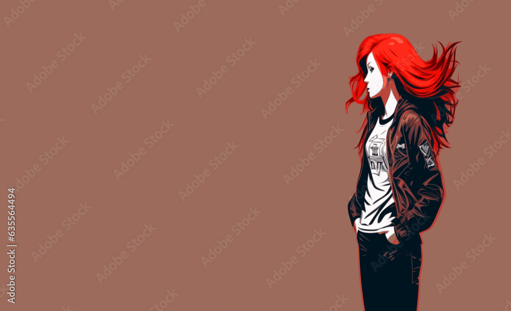 Illustration of a beautiful girl with long red hair on a light brown background. Banner, place for text. Illustration of a beautiful girl with long red hair on a light brown background. Banner, place for text.