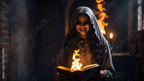 A sinister ghost girl with faded eyes laughs viciously with an open burning book in her hands in a gloomy room by a brick wall. Horror scene. Halloween, Generative AI