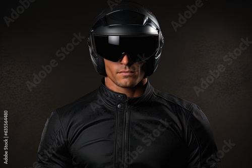 Motorcyclist posing in a black helmet.