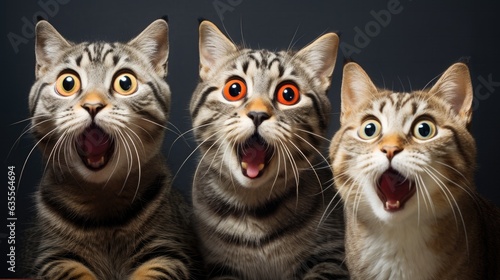 Cats, Wide Open mouth, eyes, Surprised, Amazed, Incredulous, Astonished, Shocked. CAN NOT BELIEVE OUR EYES! 3 little cats with wide open mouth. 2 felines with yellow eyes and one with red orange eye. © Paolo Chiuchiolo