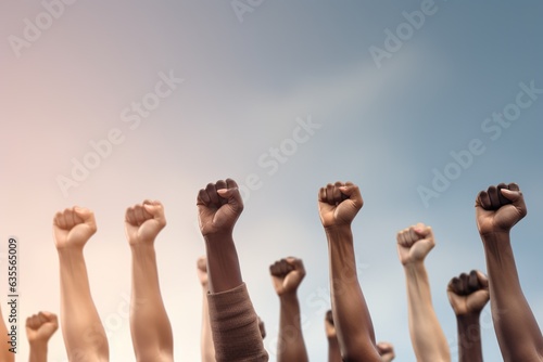 People's hands raised with clenched fists. Concept of human rights, equality.