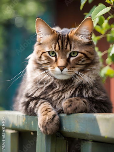 Beautiful domestic cat laying on a fence, Generative AI